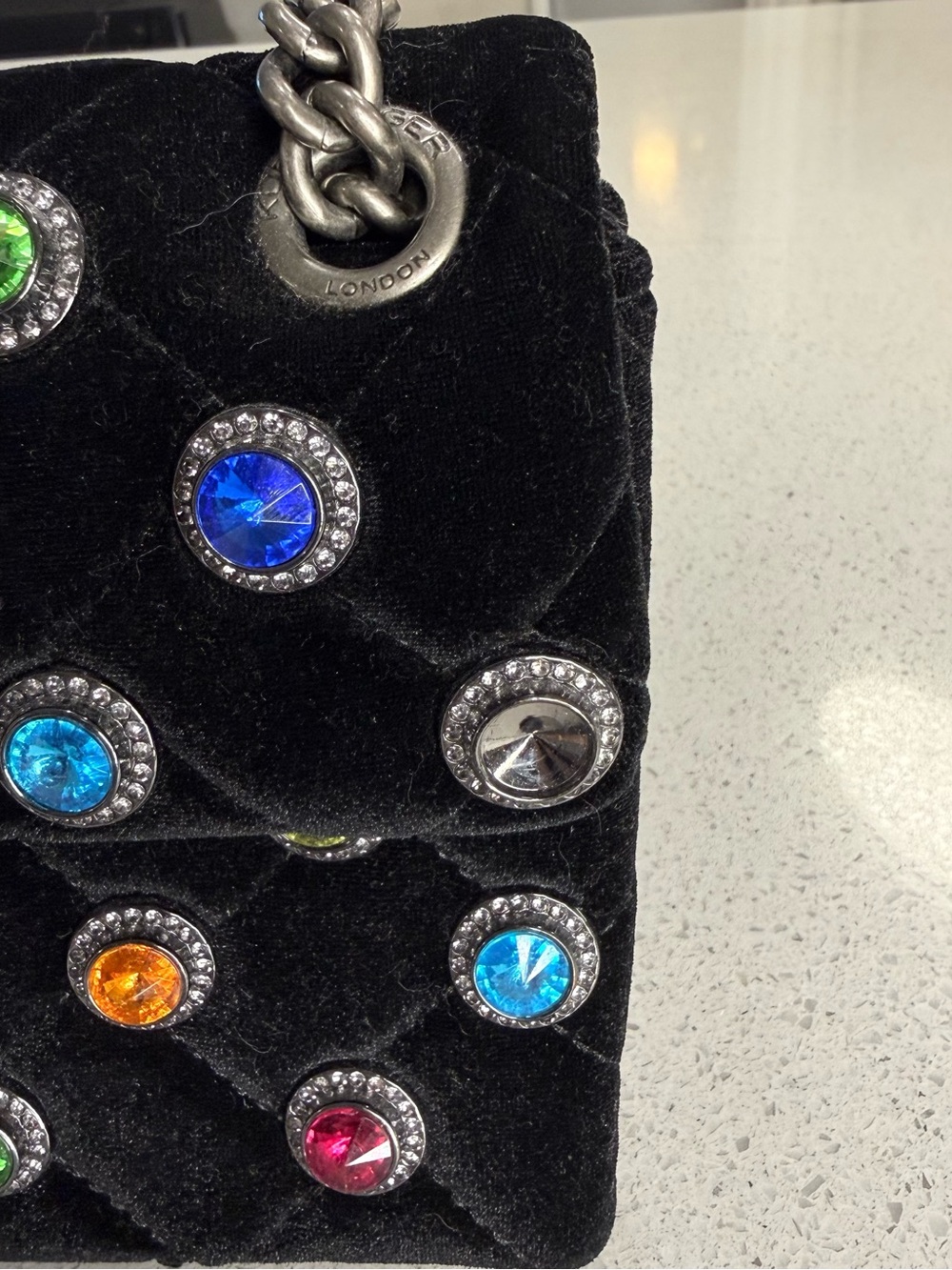 Kurt Geiger Black Velvet Crossbody with Multicolor Crystal Studs - Picture 4 of 5